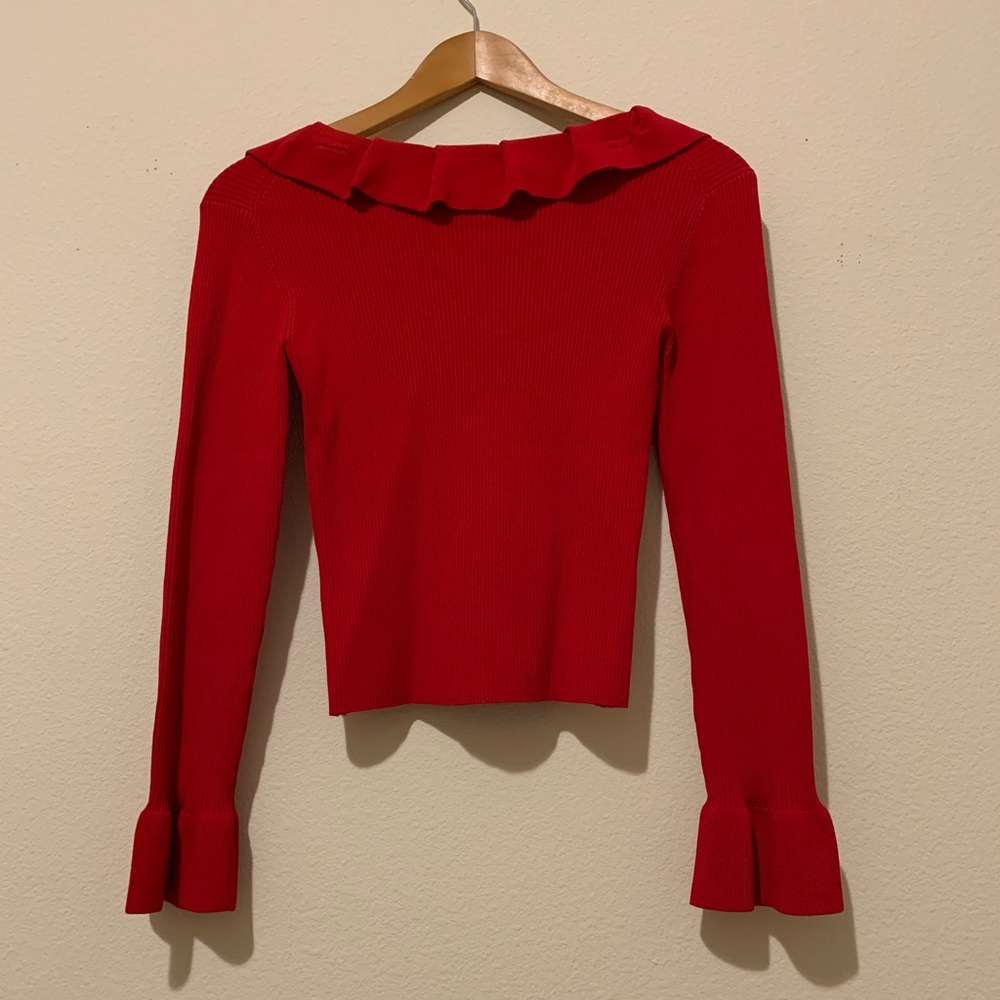 Red Long-Sleeve Ruffled Crop Top (Ribbed) - Picture 2 of 14
